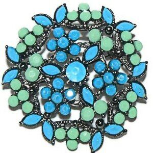 Turquoise Blue and Green Rhinestone Brooch